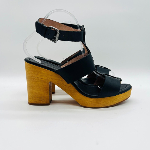 Madewell Shoes - Madewell Sandals Womens 9.5 Black Leather Platform Wooden Heel Strappy Shoes